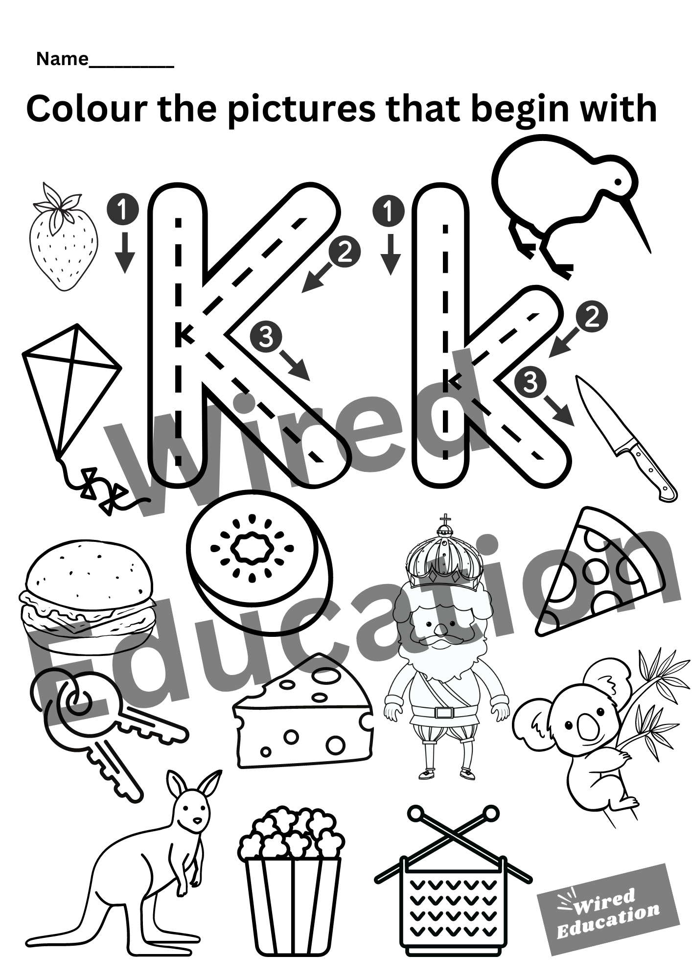 Colour the pictures that start with K