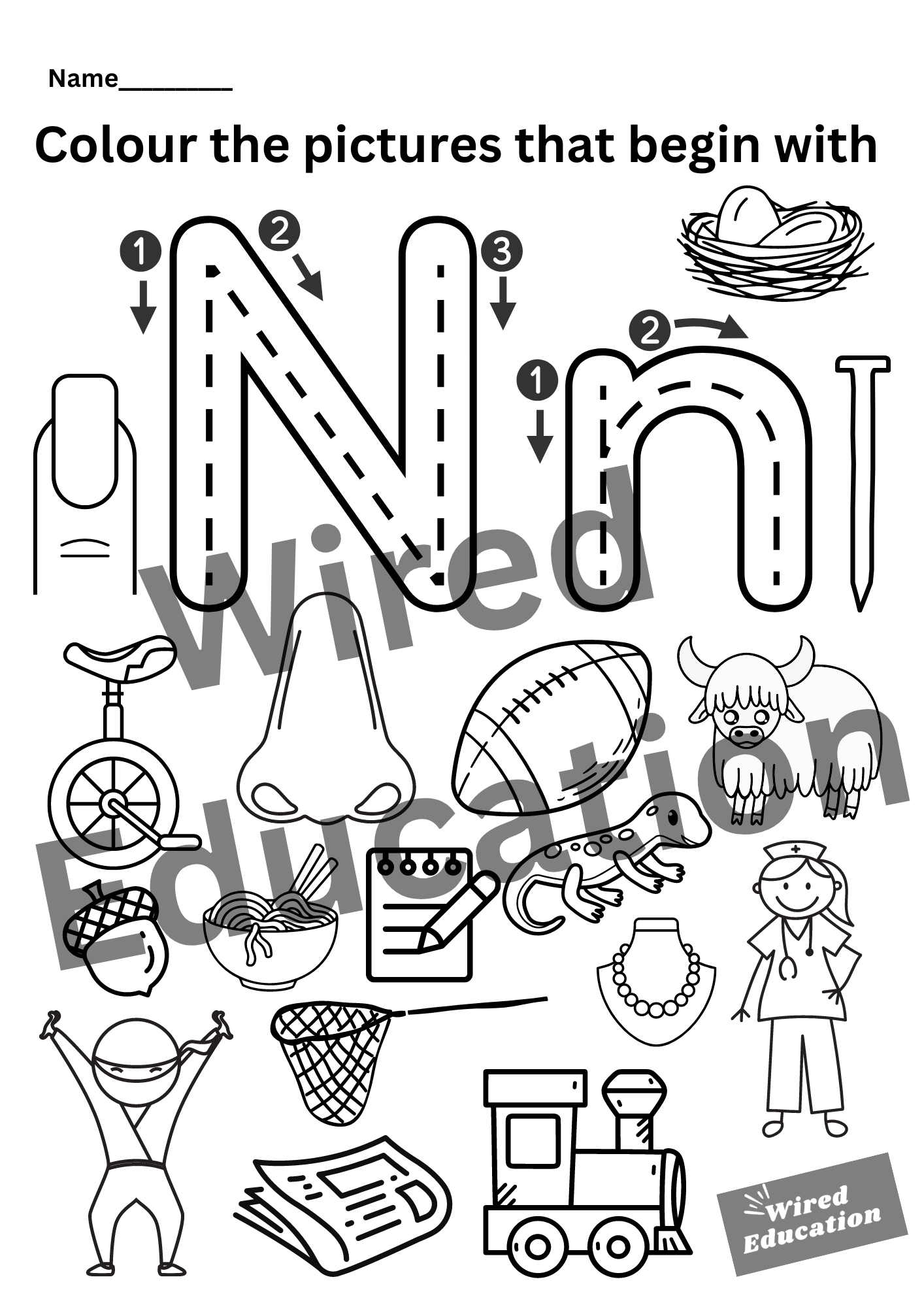 Colour the pictures that start with N