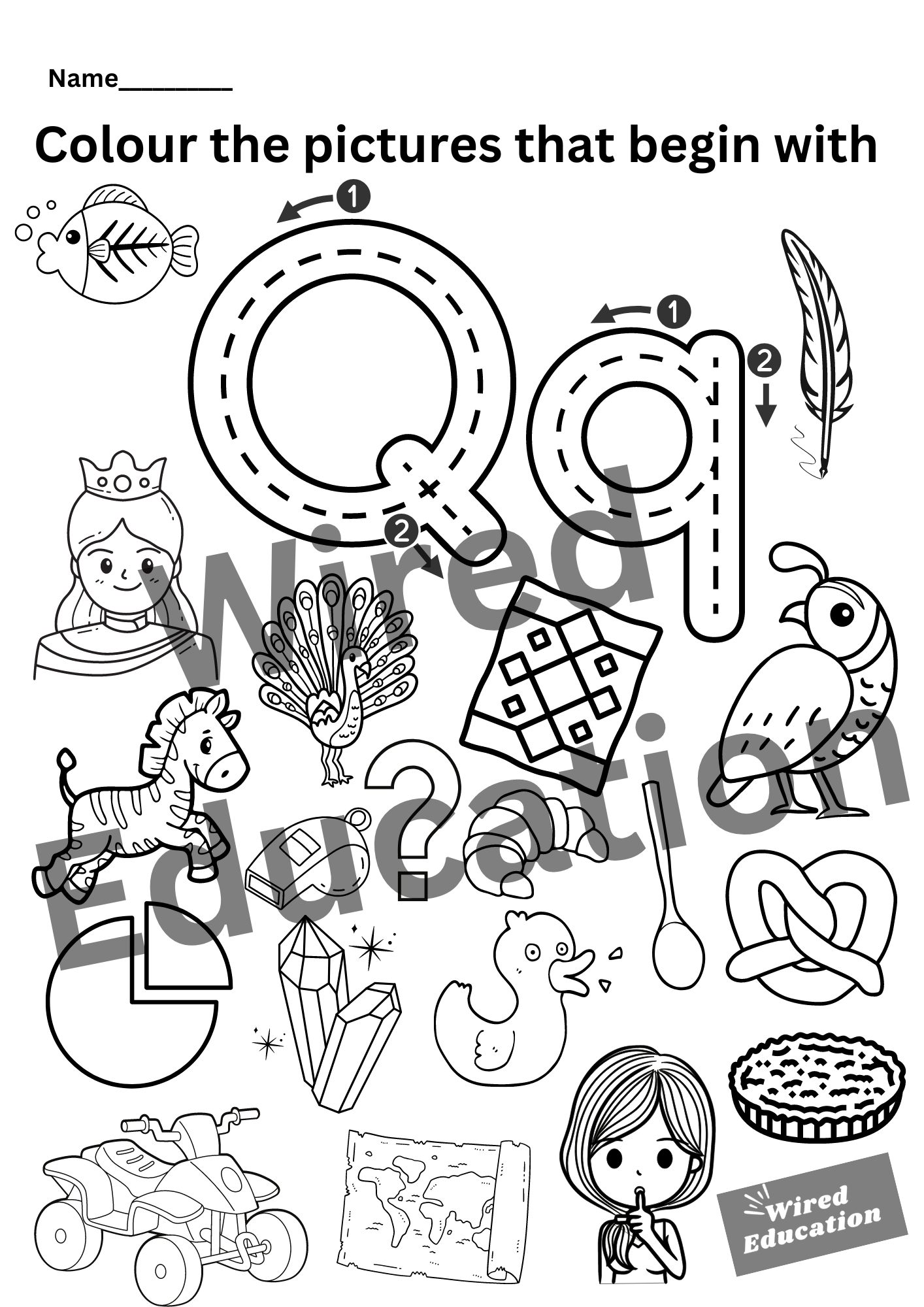 Colour the pictures that start with Q