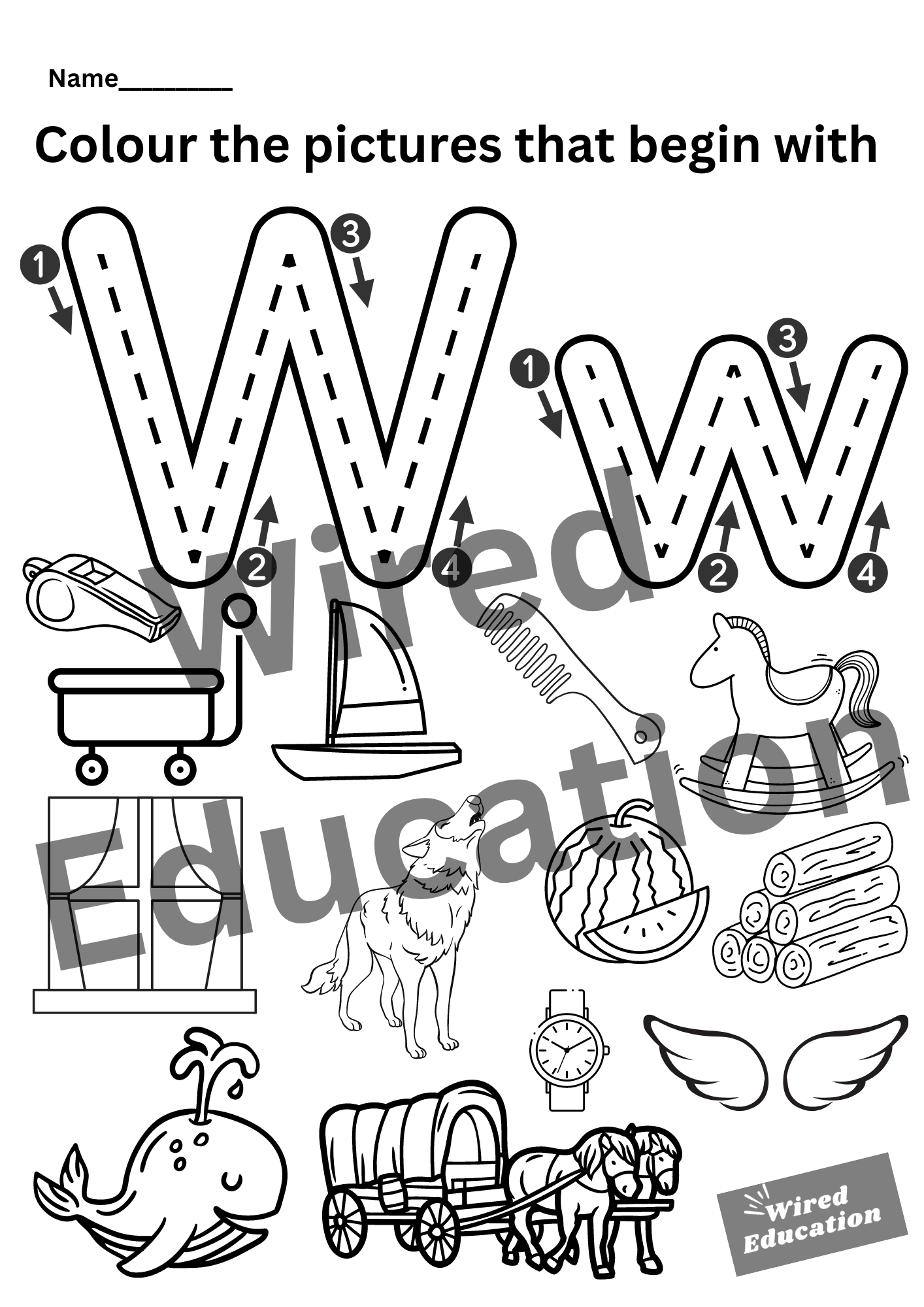 Colour the pictures that start with W