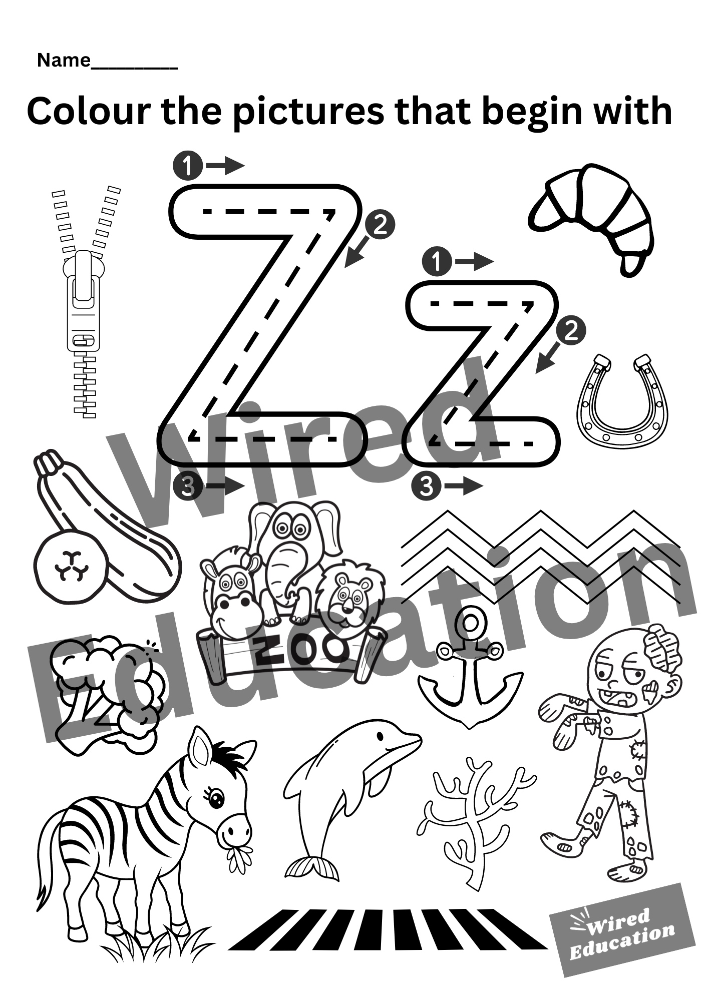 Colour the pictures that start with Z