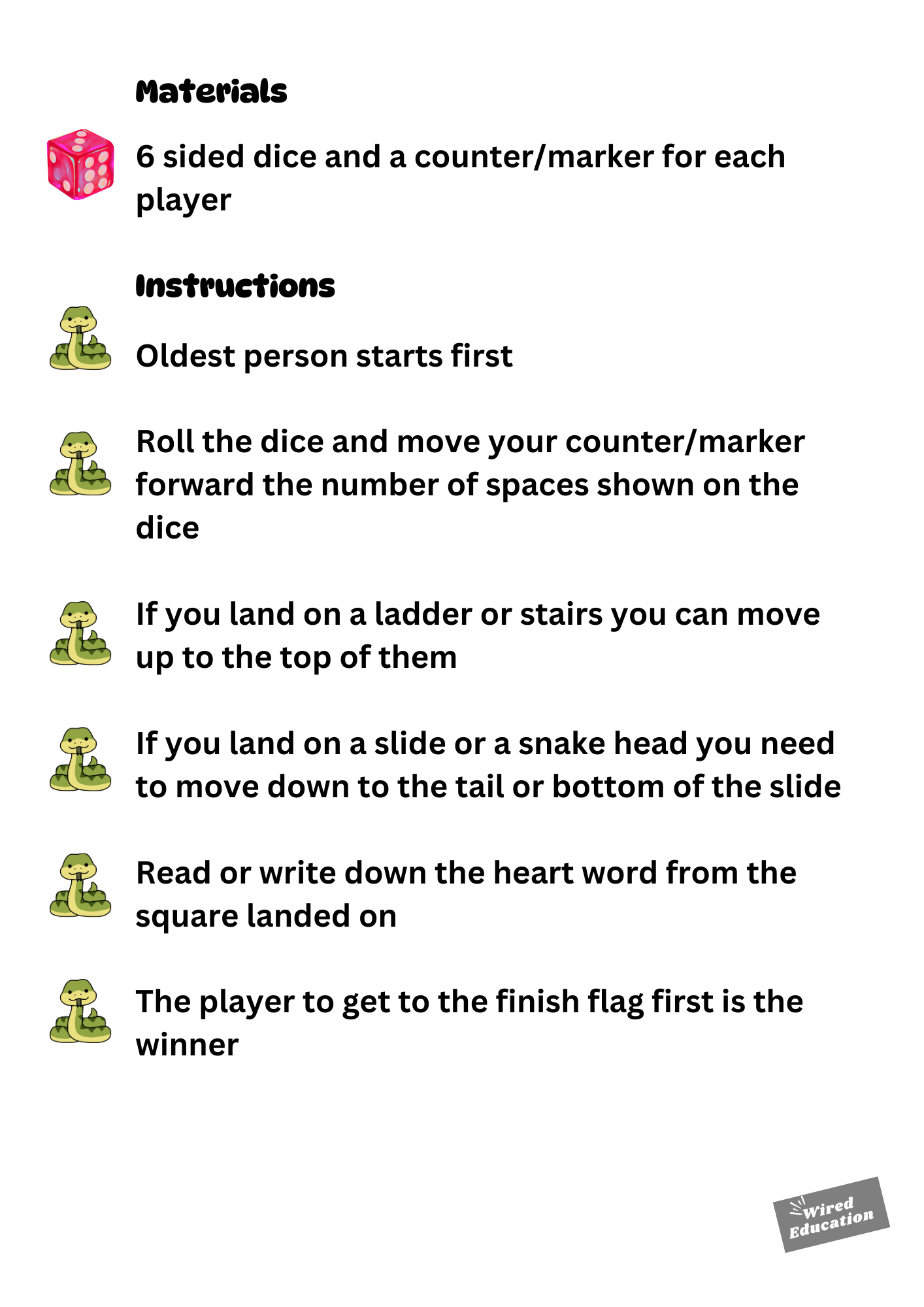 Heart words snake and ladders