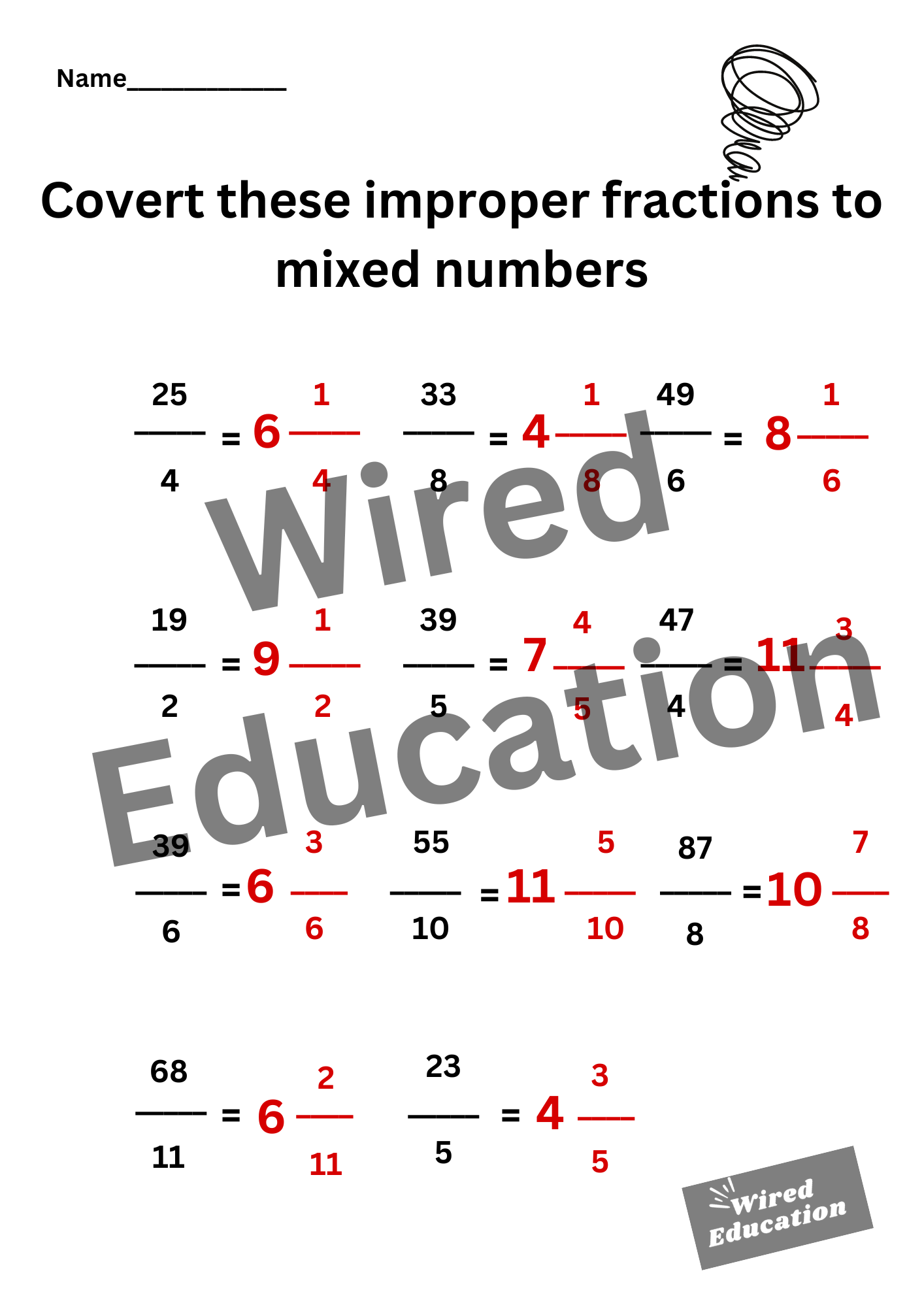 Improper fractions to mixed numbers