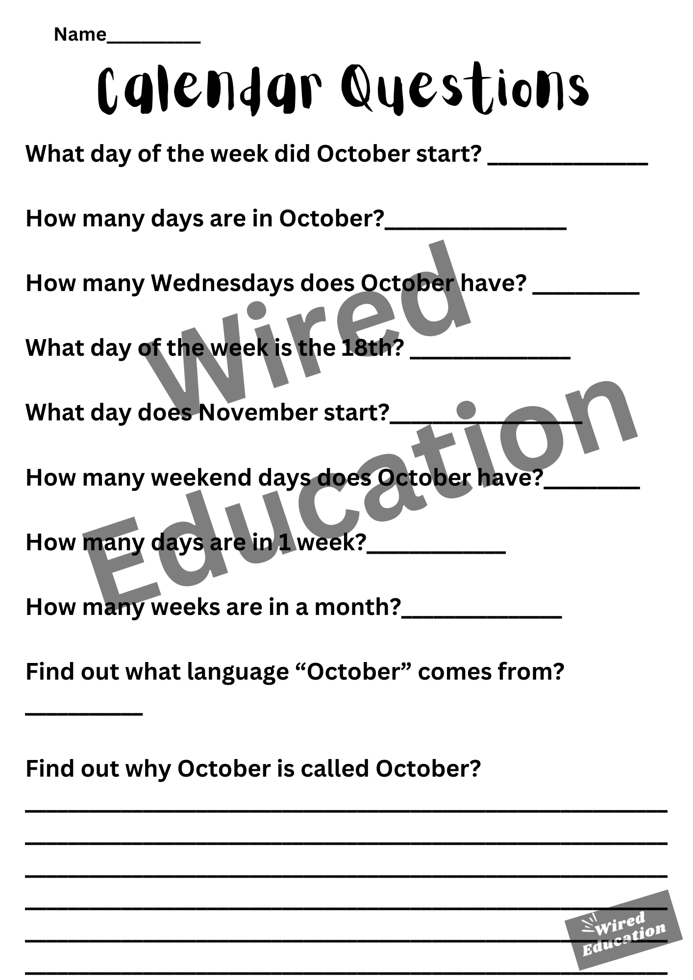 Halloween calendar comprehension