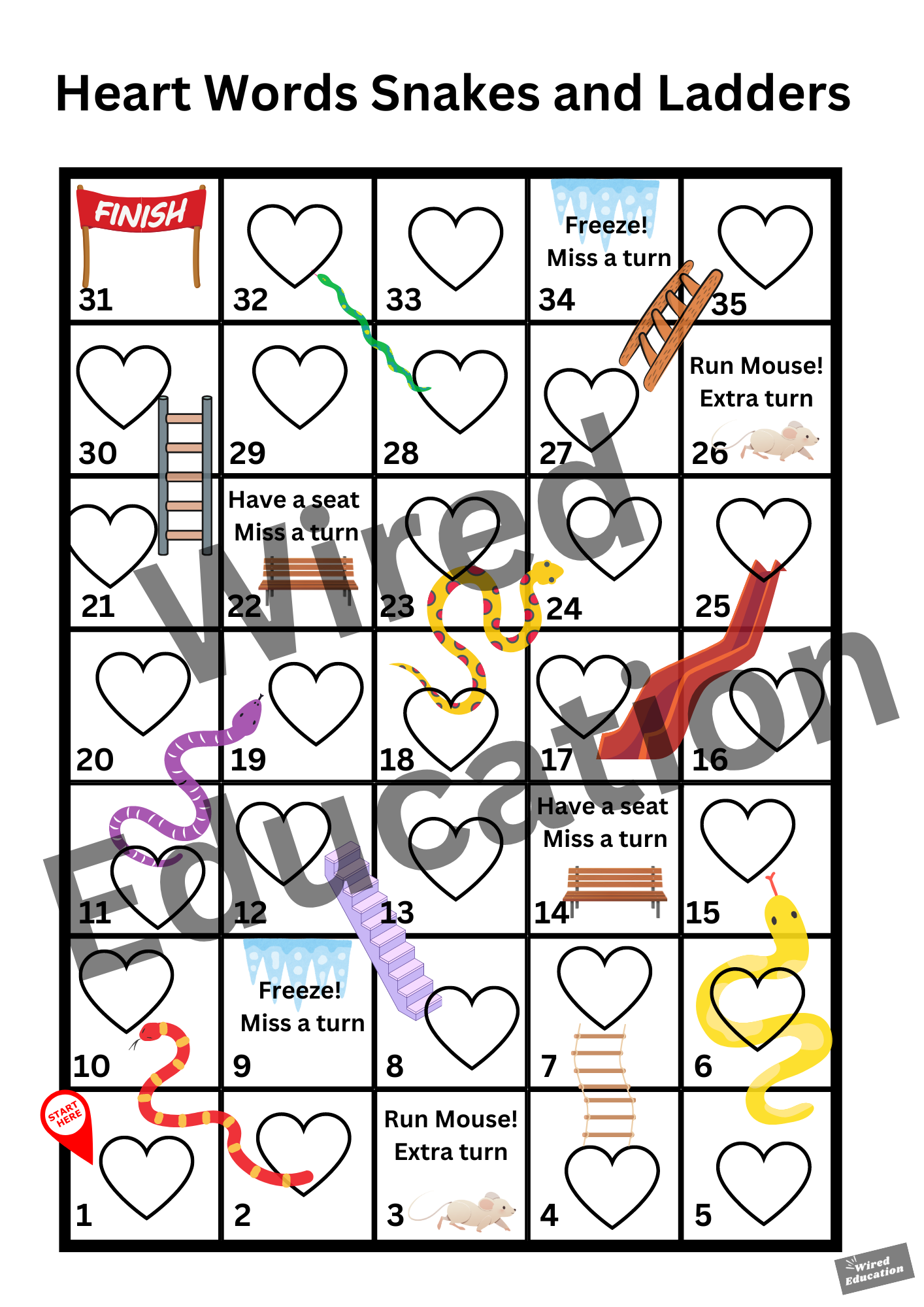 Heart words snake and ladders