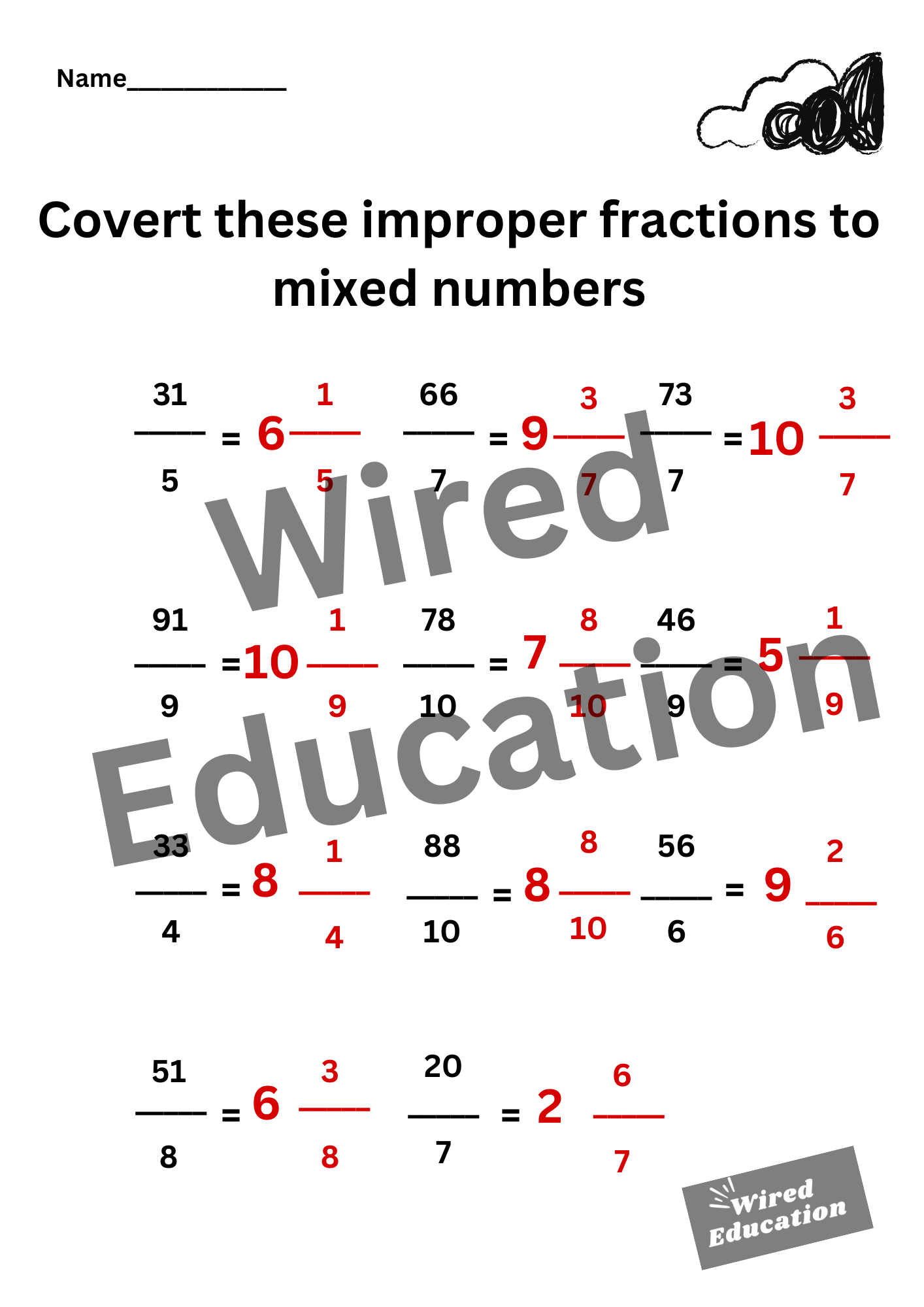 Improper fractions to mixed numbers