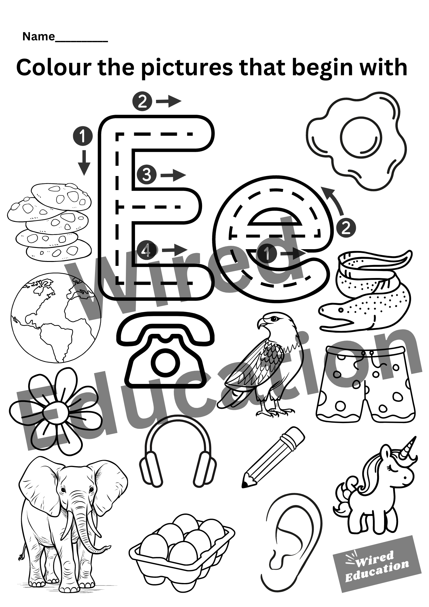Colour the pictures that start with E
