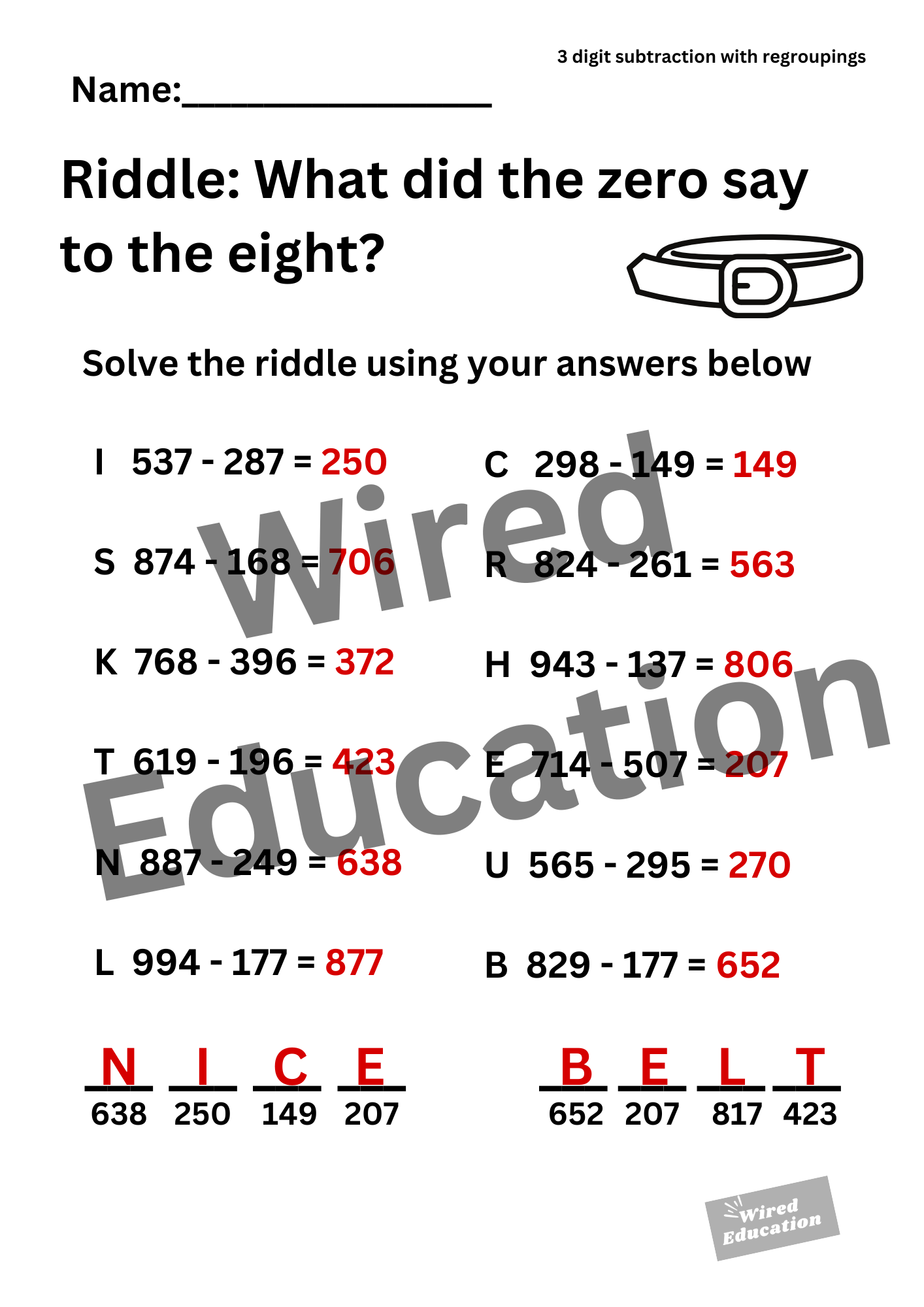 Riddle (3 digit subtraction with regroupings)