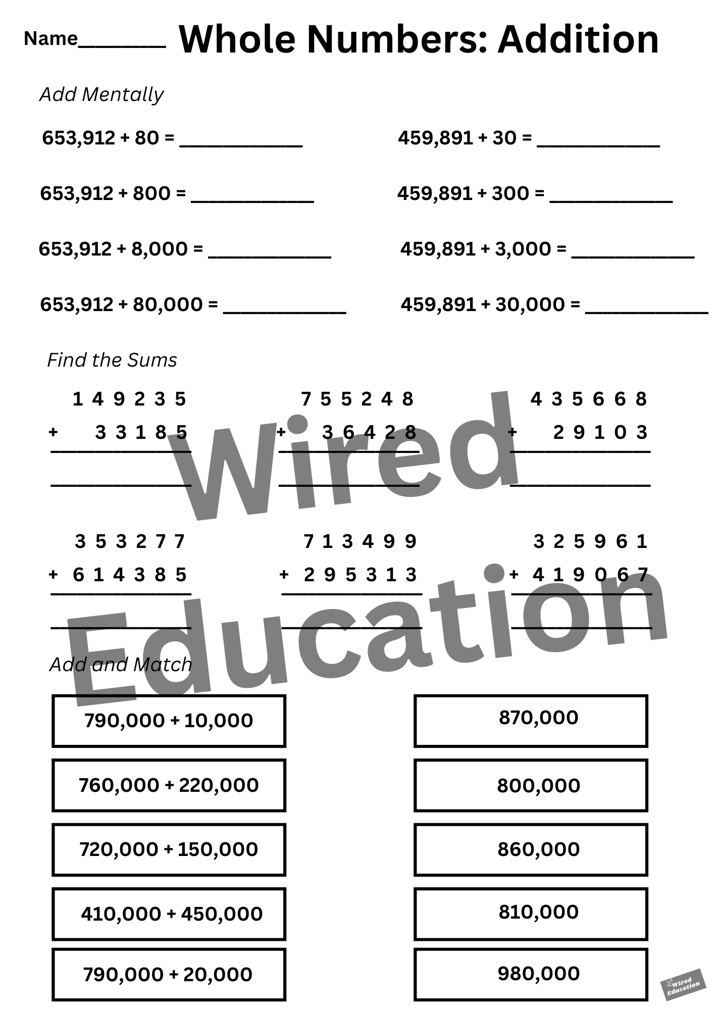 Whole Numbers Addition