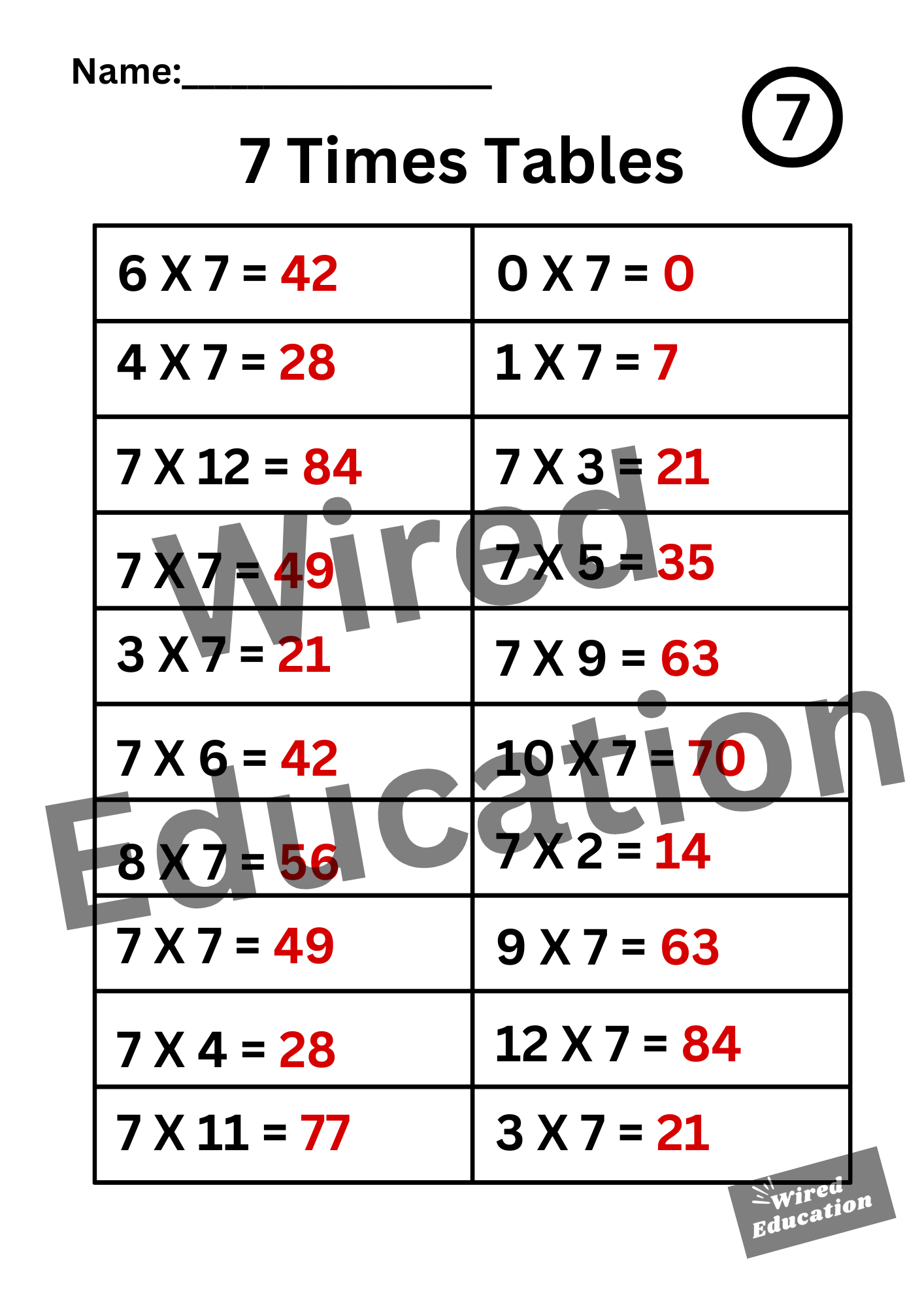 Large 7 Times Tables