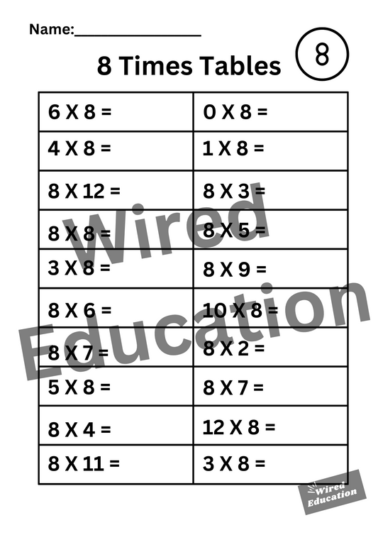 Large 8 Times Tables