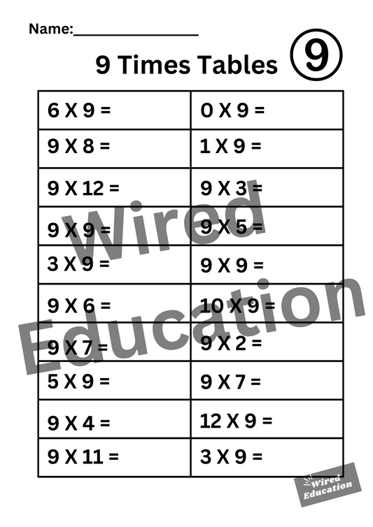 Large 9 Times Tables