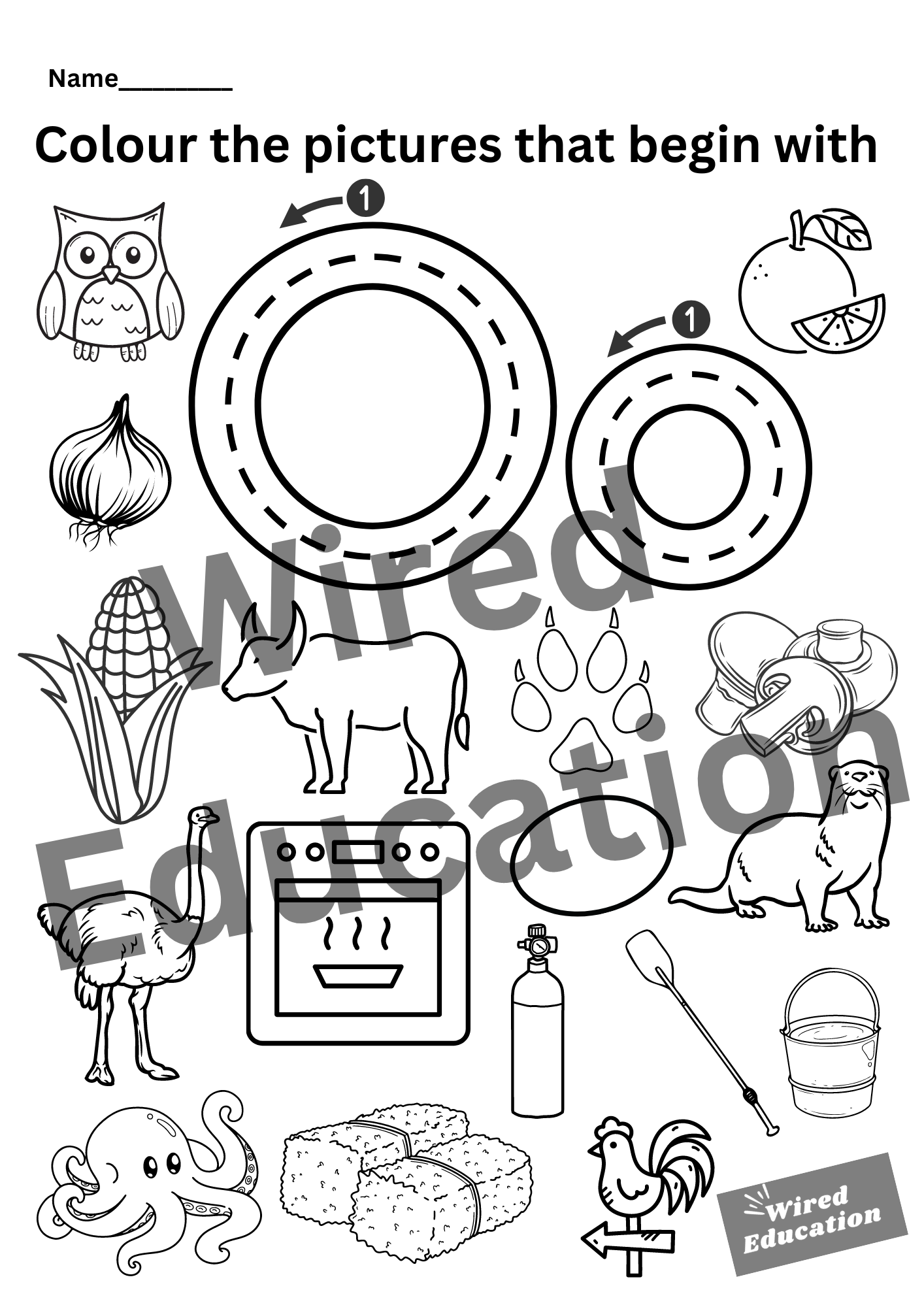 Colour the pictures that start with O