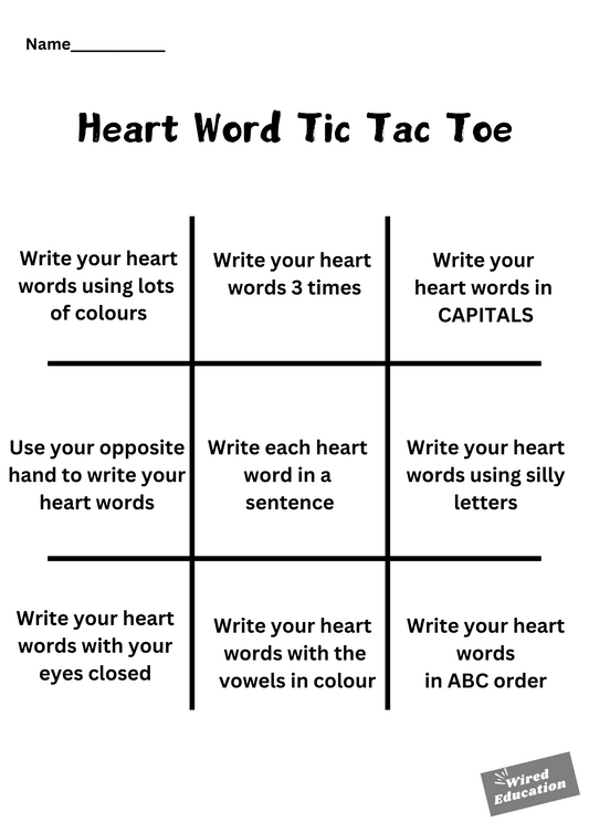 Heart Word tic tac toe