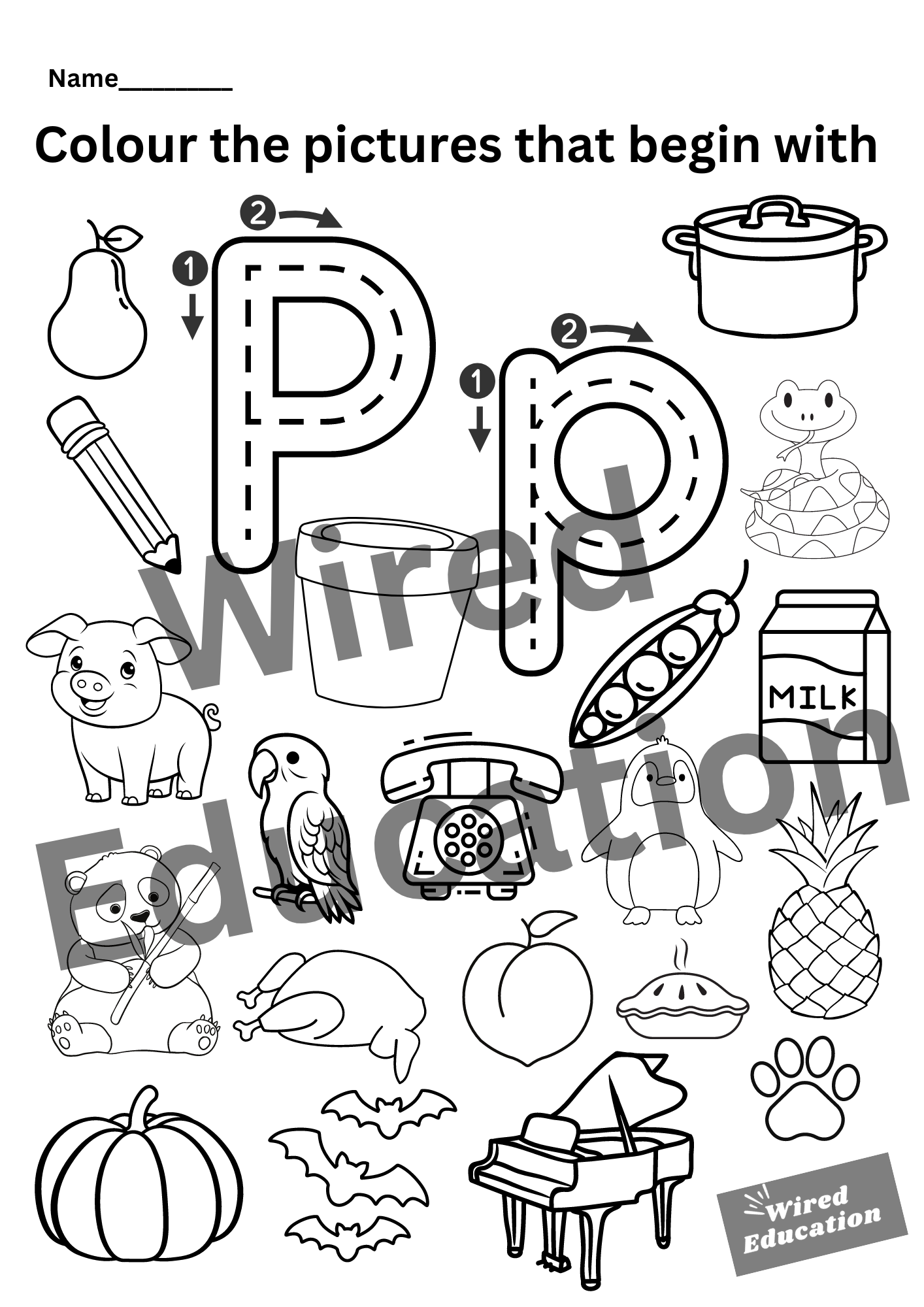 Colour the pictures that start with P