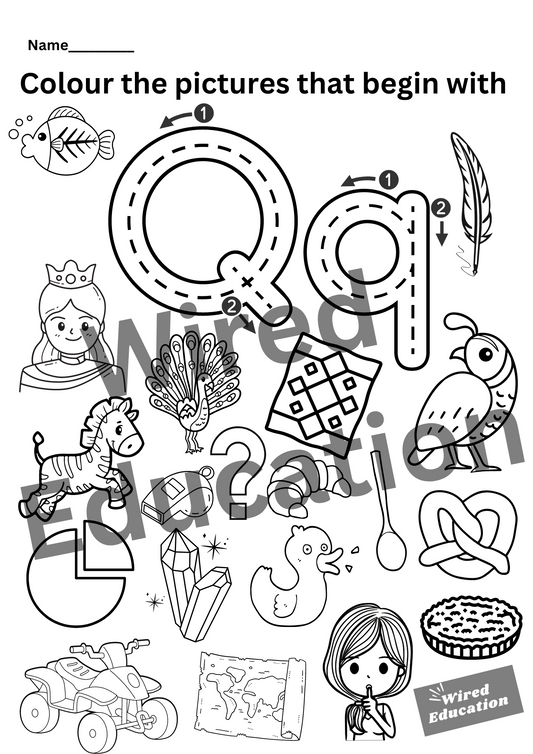 Colour the pictures that start with Q