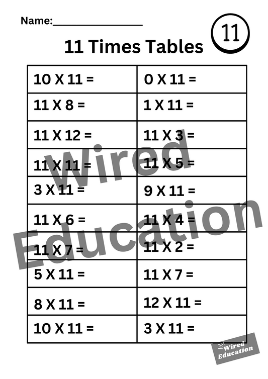 Large 11 Times Tables