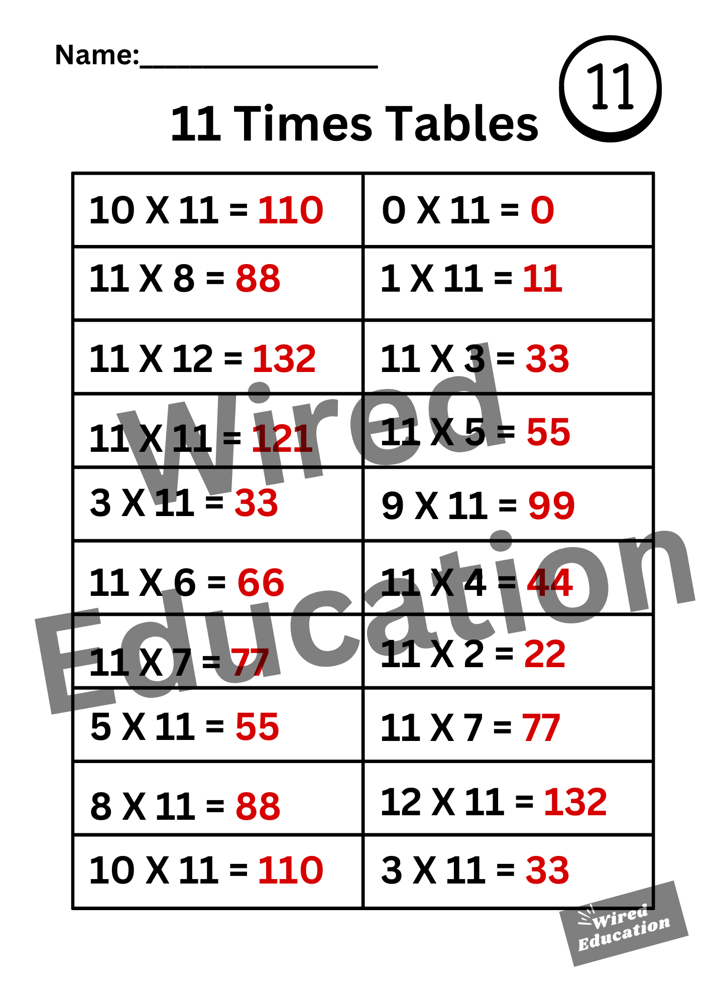 Large 11 Times Tables