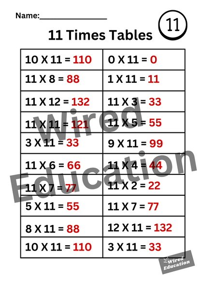 Large 11 Times Tables