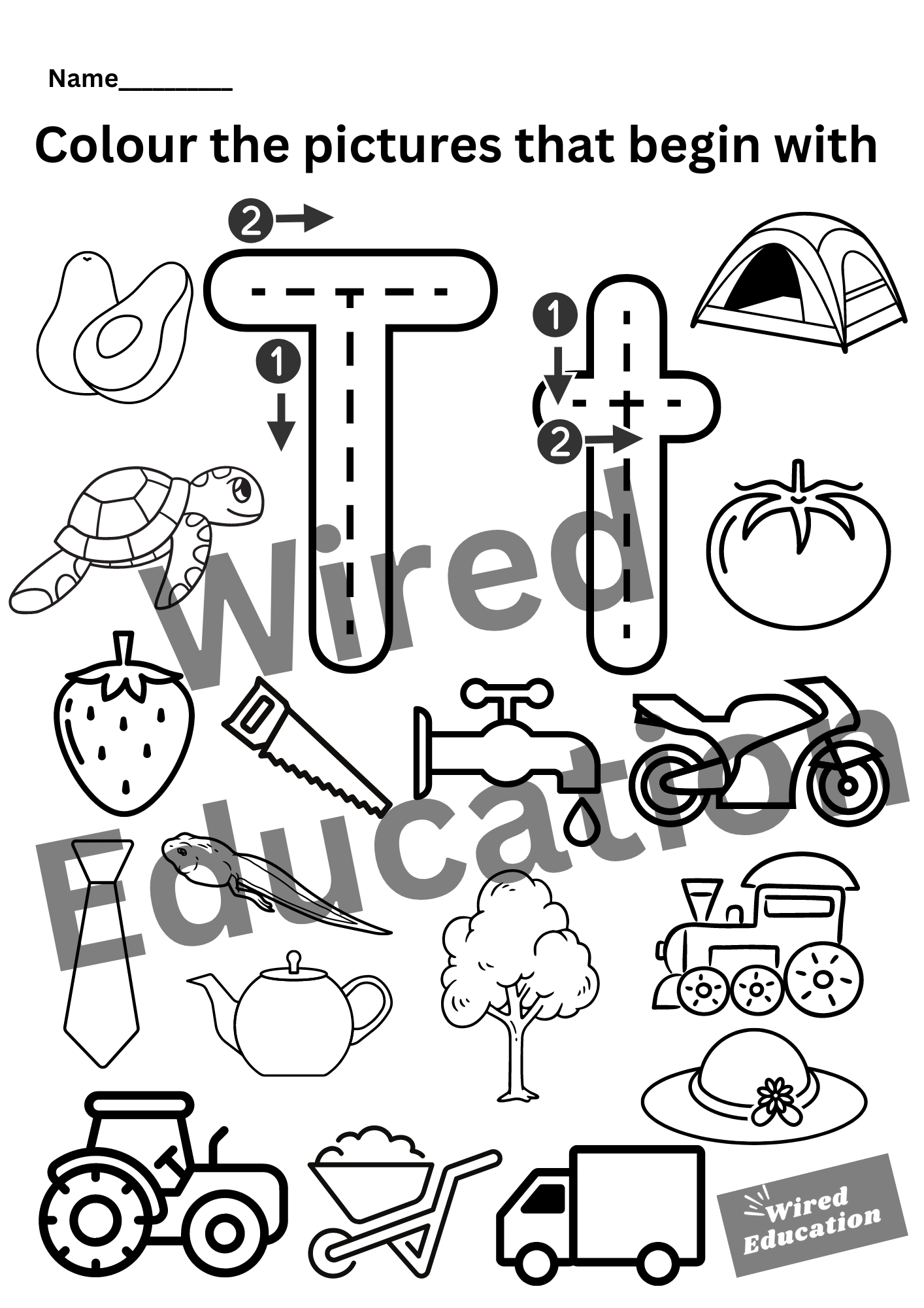 Colour the pictures that start with T