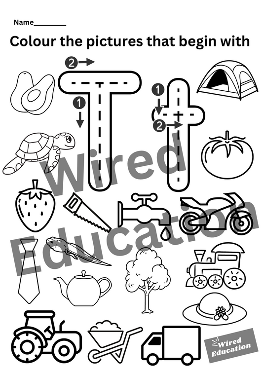 Colour the pictures that start with T