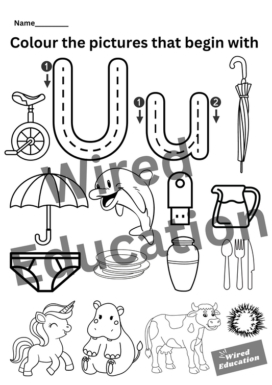 Colour the pictures that start with U