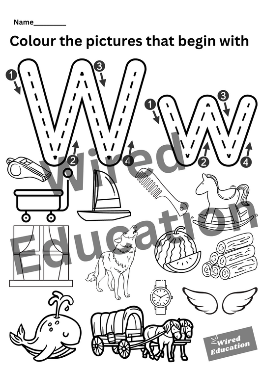 Colour the pictures that start with W