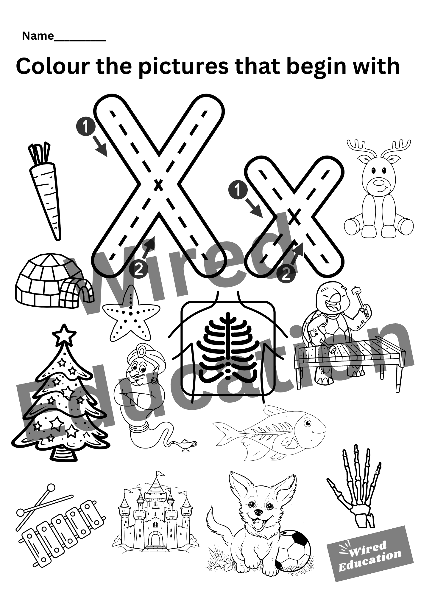 Colour the pictures that start with X