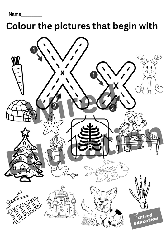 Colour the pictures that start with X