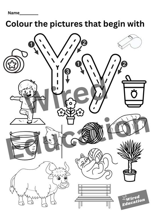 Colour the pictures that start with Y