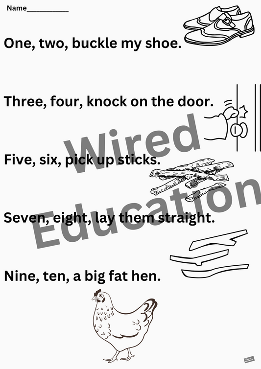 Poem: one two buckle my shoe worksheet