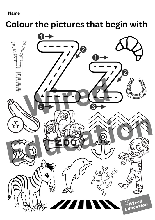 Colour the pictures that start with Z