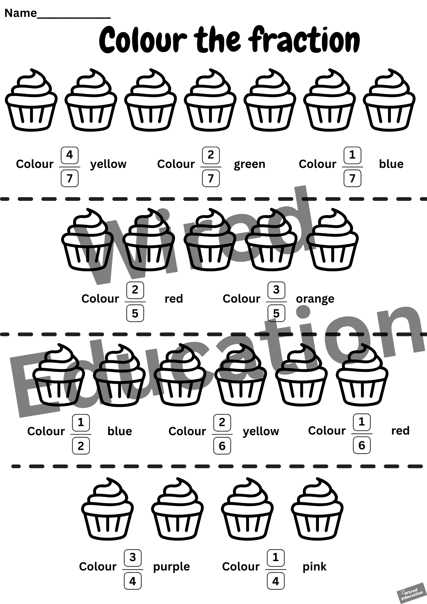 Colour the fraction cupcakes