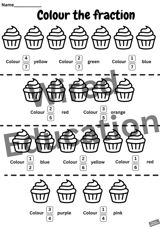 Colour the fraction cupcakes