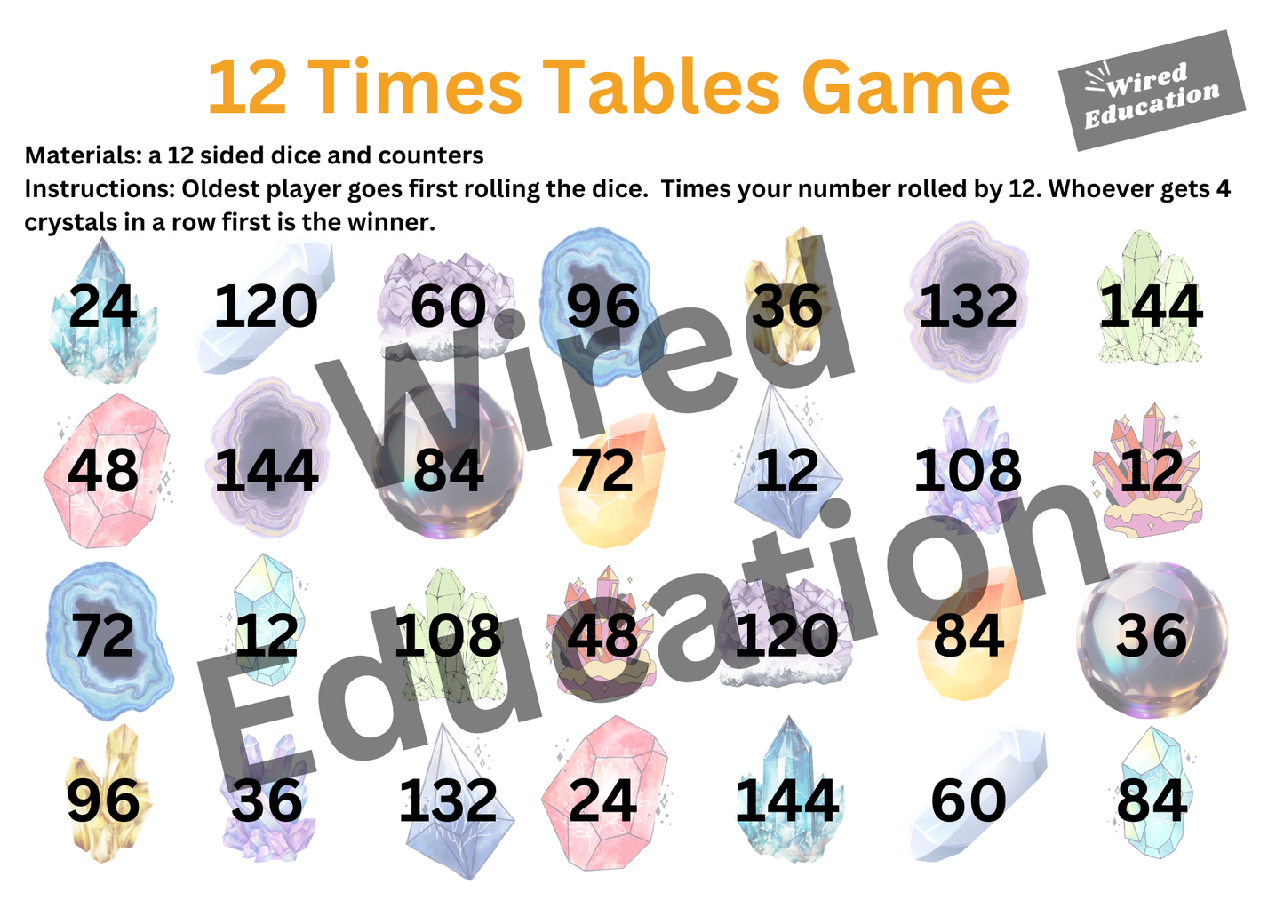 12 Times Table Game Board