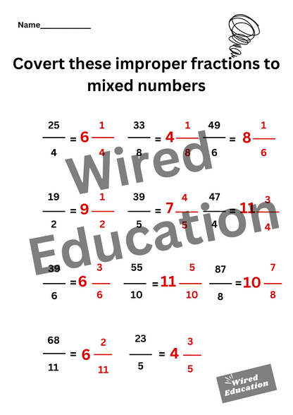 Improper fractions to mixed numbers