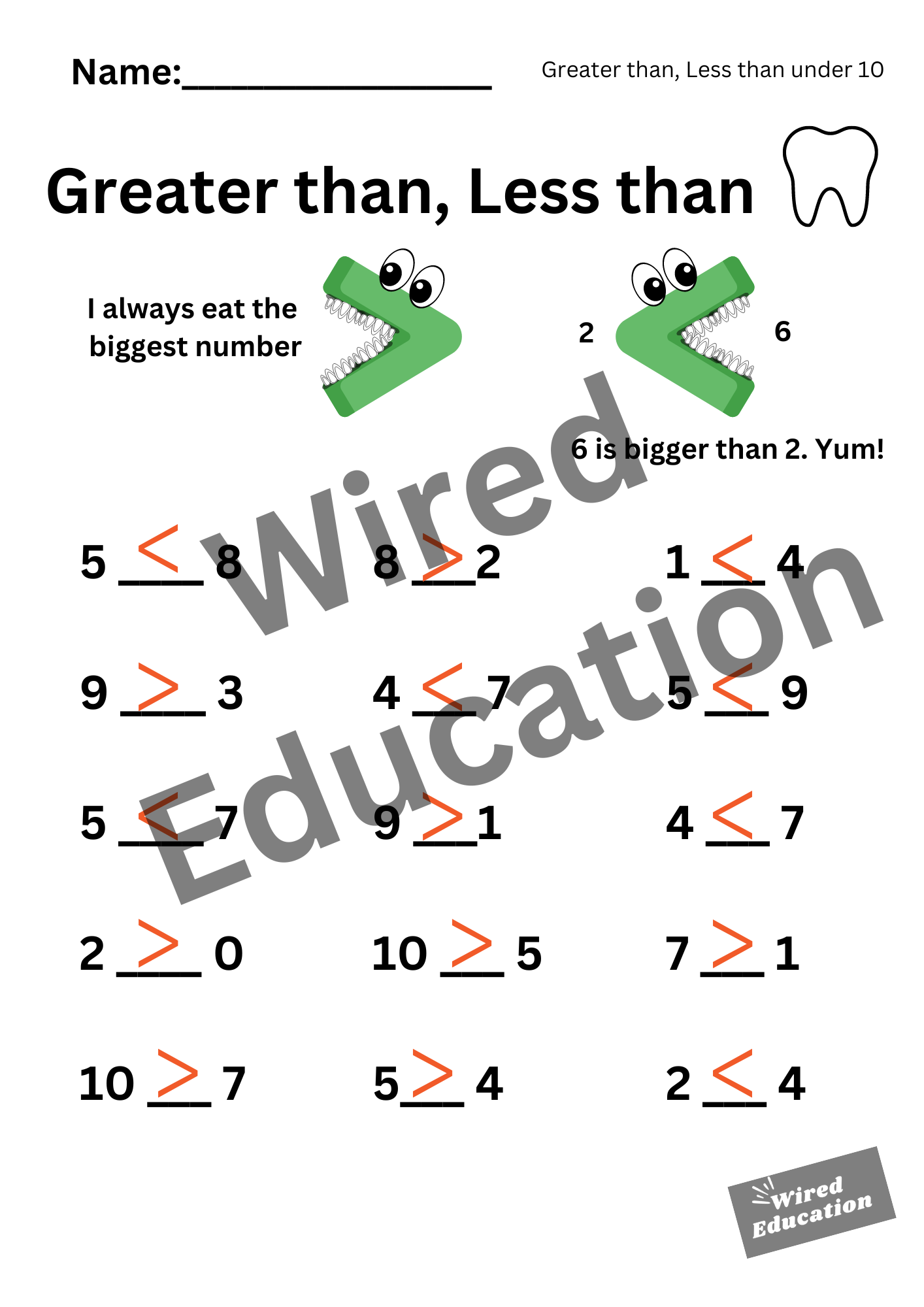 Greater than, less than (under 10)