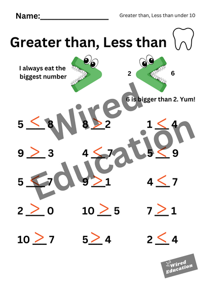 Greater than, less than (under 10)