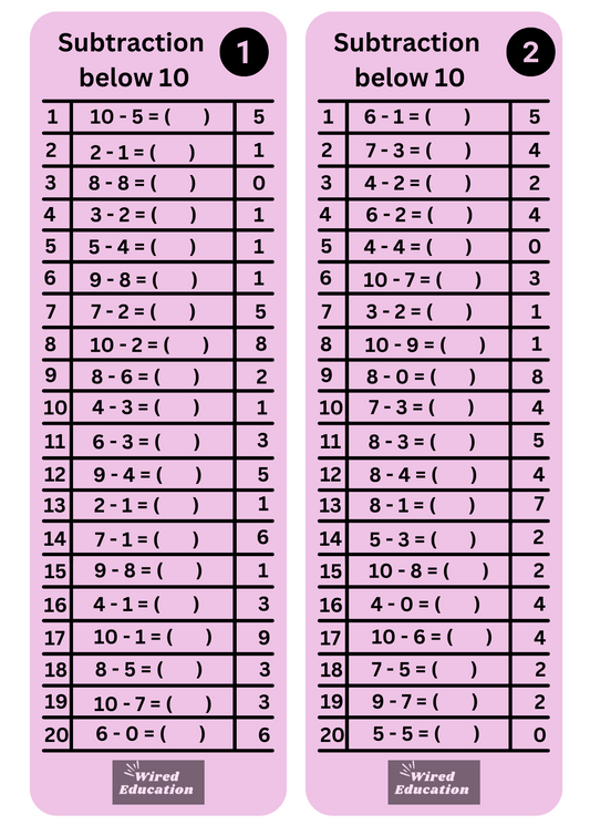 Subtraction flash cards