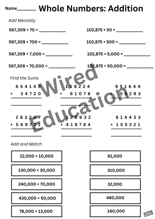 Whole Numbers Addition