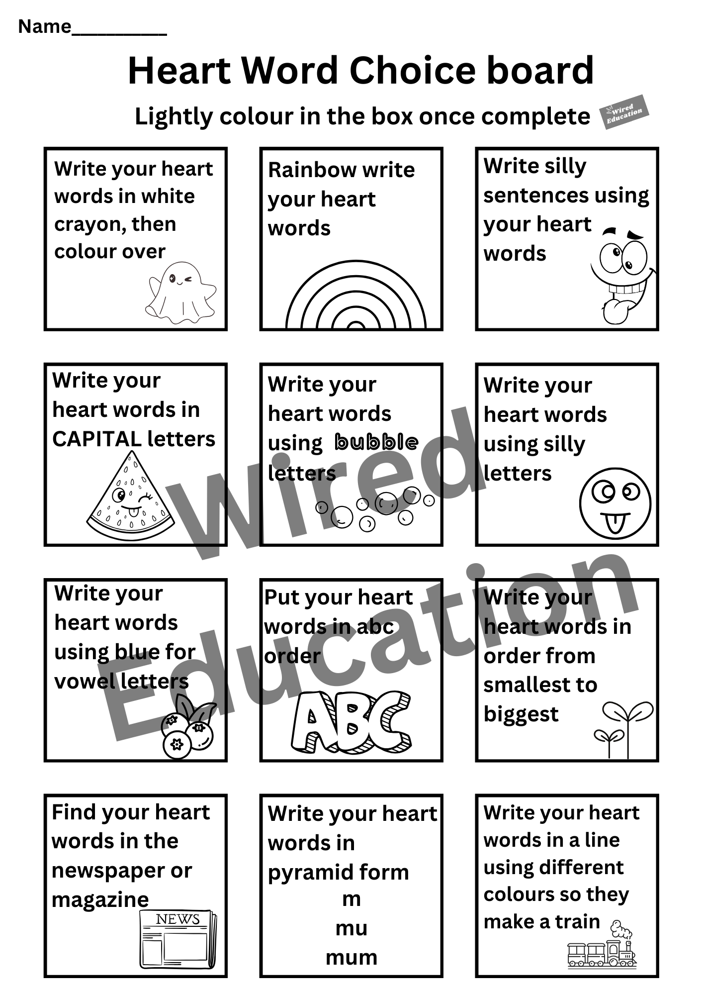 Heart word choice board