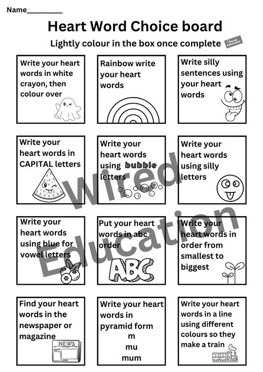 Heart word choice board