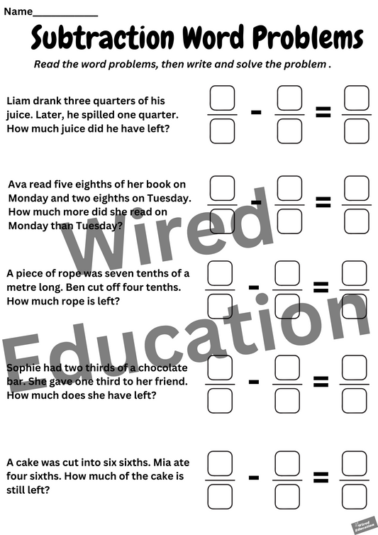 Fraction subtraction word problems