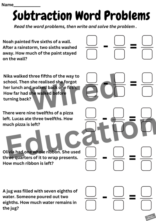 Fraction subtraction word problems