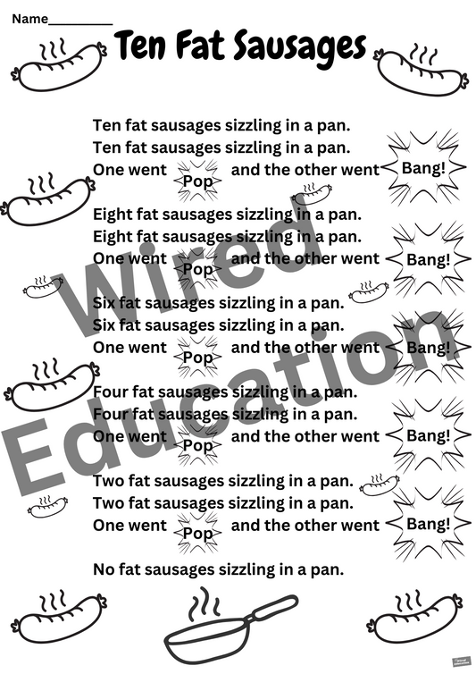 Poem: 10 fat sausages worksheet
