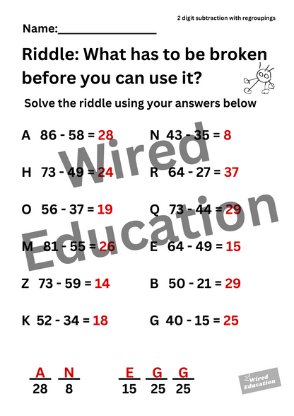 Riddle (2 digit subtraction with regroupings)
