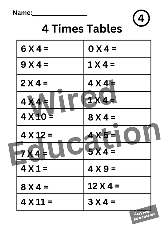 Large 4 Times Tables