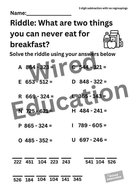 Riddle (3 digit subtraction with no regroupings)
