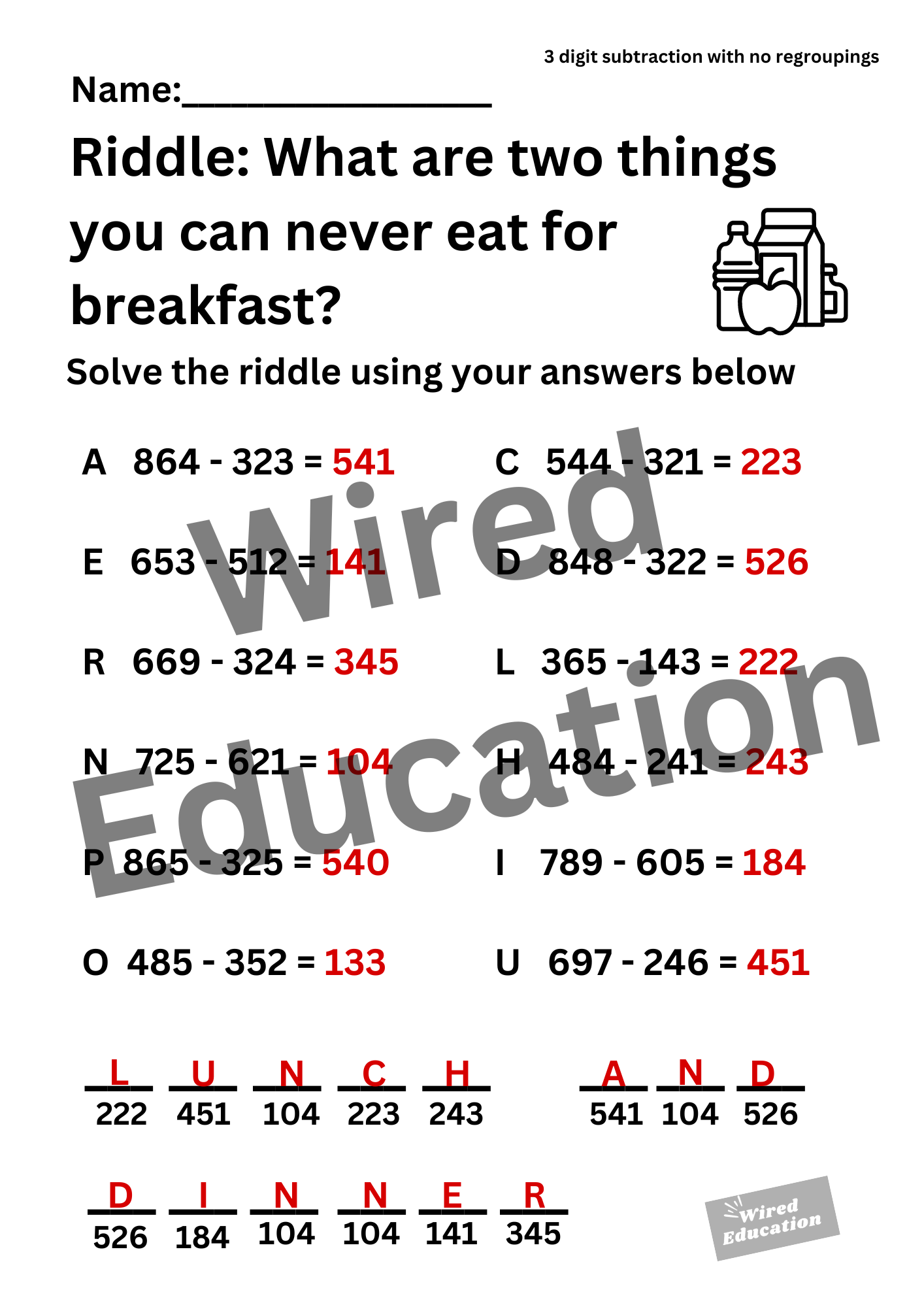Riddle (3 digit subtraction with no regroupings)