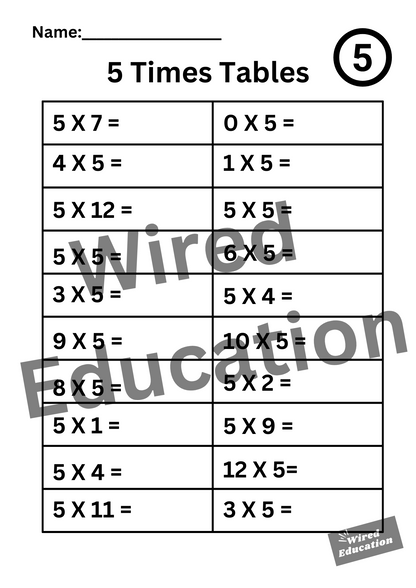 Large 5 Times Tables